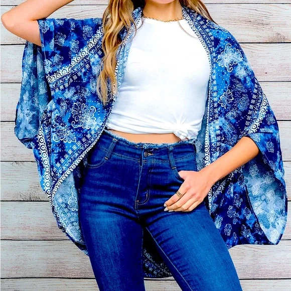 HP 3/28/23!! NWT Blue Pattern and Tie Dye Cover Up Kimono - Picture 2 of 9